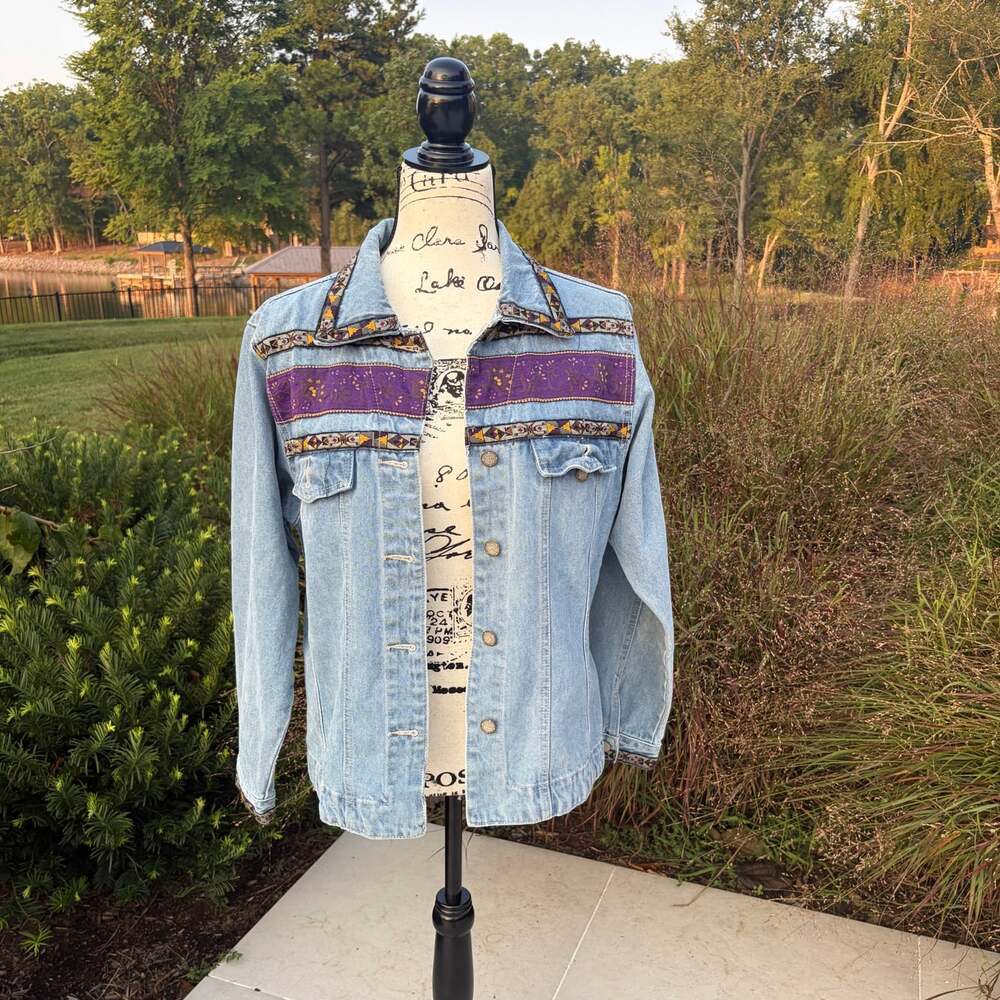 Vintage 90s Bill Blass Jeans Denim Jacket M Purple Tapestry Trim Boho